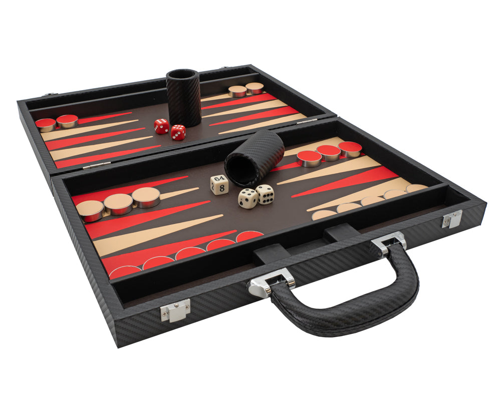 Italfama sammenleggbart Backgammon-sett i skinnimitasjon, svart og rødt