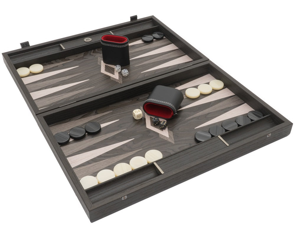 Manopoulos luksus Backgammon i ebenholt og grå eik med vinyl deluxe terningbegre
