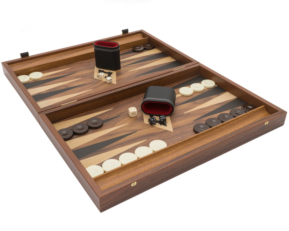 Manopoulos Club stort Backgammon-sett i valnøtt, svart og eik med Vinyl Deluxe Terningbegre