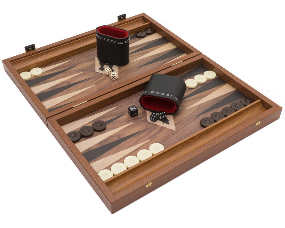 Manopoulos valnøtt, svart og eik Club Compact Backgammon-sett med Deluxe Vinyl Terningbegre