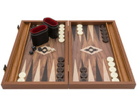 Manopoulos valnøtt, svart og eik Club Compact Backgammon-sett med Deluxe Vinyl Terningbegre