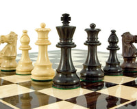 French Knight Series Rosewood Staunton chess pieces on chessboard, 3.25 inch king, luxurious, weighted and felted, hand-carved knights