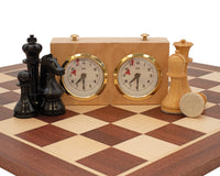 World Chess Championship sjakksett, sjakkklokke og oppbevaringseske for sjakkbrikker i tre